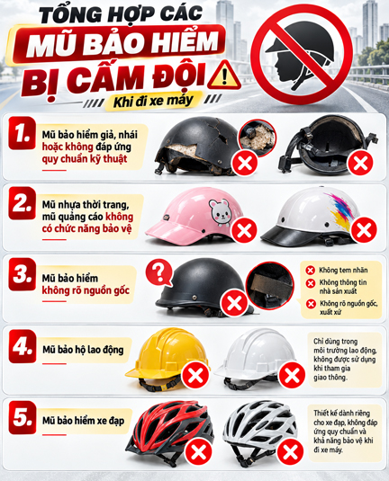 Tổng hợp các loại mũ bảo hiểm bị cấm đội khi đi xe máy