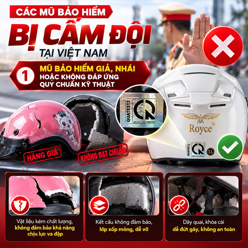 Các mũ bảo hiểm bị cấm đội tại Việt Nam là mũ giả, hàng nhái hàng kém chất lượng