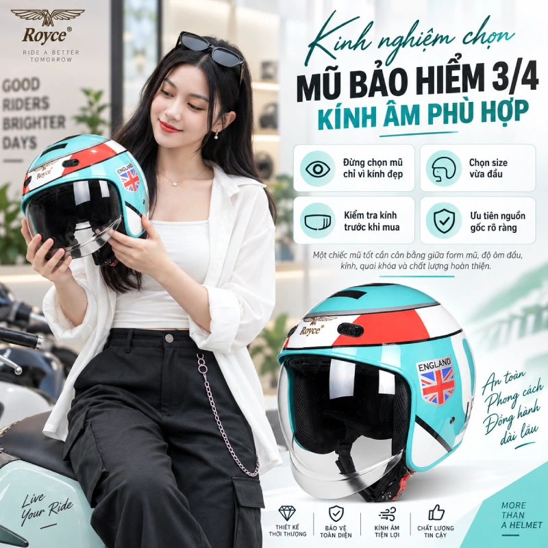 Kinh nghiệm chọn mũ bảo hiểm 3/4 kính âm phù hợp