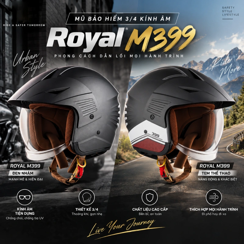 Mũ bảo hiểm 3/4 có kính âm Royal M399K