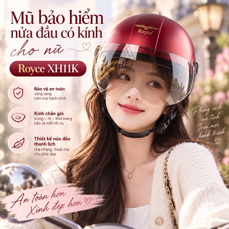 mũ bảo hiểm nửa đầu có kính cho nữ XH11K