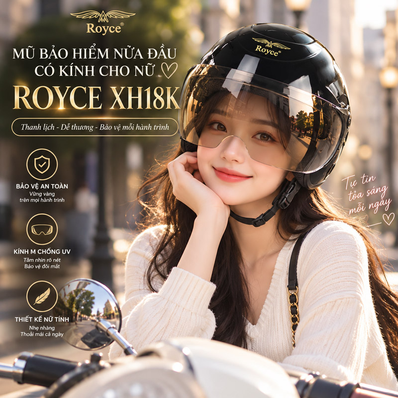 mũ bảo hiểm nửa đầu có kính cho nữ Royce XH18K