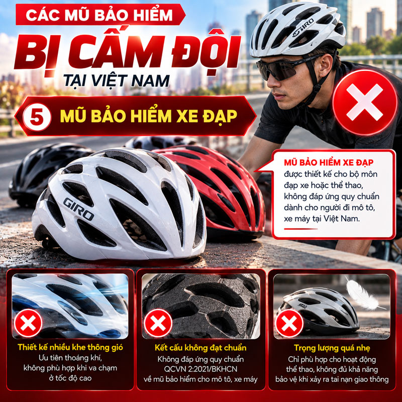 Mũ bảo hiểm xe đạp thuốc các loại mũ bảo hiểm bị cấm đội khi đi xe máy