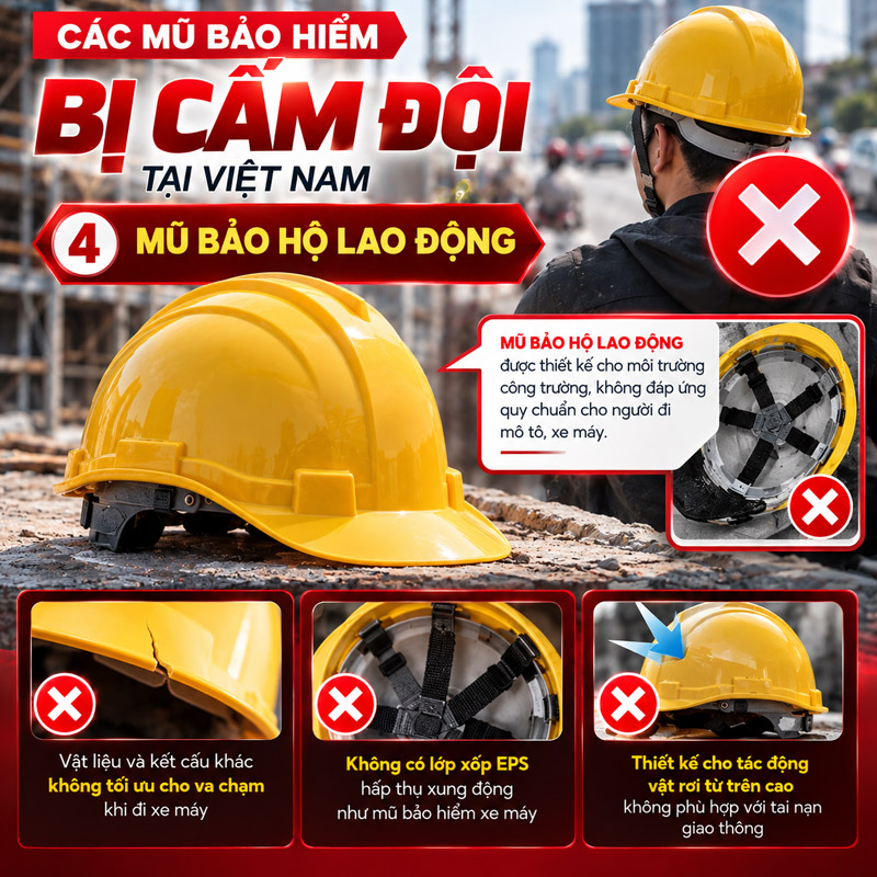 mũ đạt tiêu chuẩn bảo hộ lao động không mặc nhiên được xem là mũ bảo hiểm phù hợp để đi xe máy