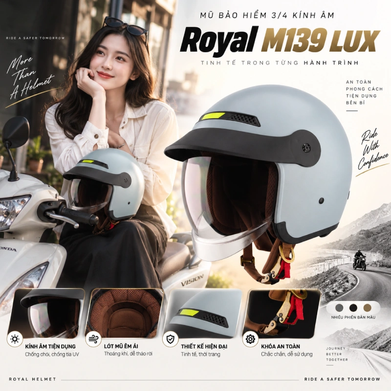 Mũ bảo hiểm 3/4 có kính âm Royal M139 LUX