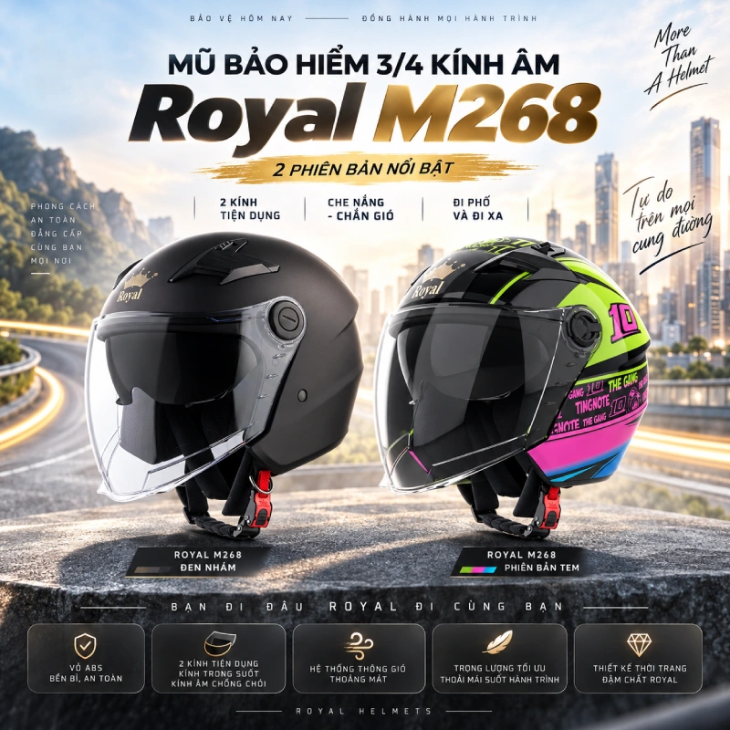 Nón bảo hiểm 3/4 có kính âm Royal M268