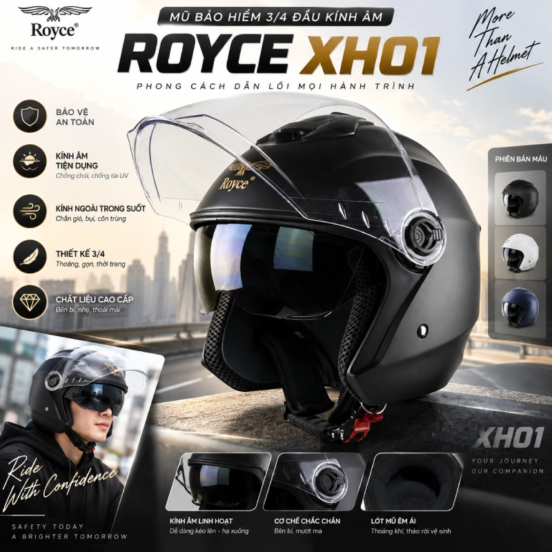 Nón bảo hiểm 3/4 kính âm Royce XH01