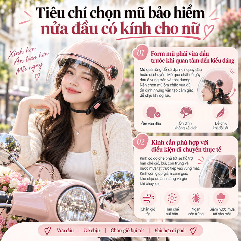 Tiêu chí chọn mũ bảo hiểm nửa đầu có kính cho nữ