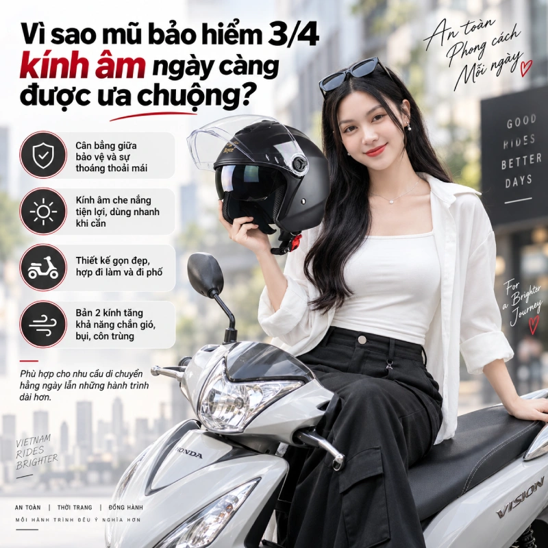 Vì sao mũ bảo hiểm 3/4 kính âm ngày càng được ưa chuộng?