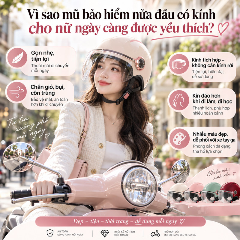 Vì sao mũ bảo hiểm nửa đầu có kính cho nữ ngày càng được yêu thích?