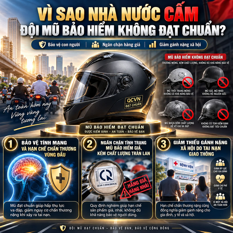 Vì sao Nhà nước cấm đội mũ bảo hiểm không đạt chuẩn khi tham gia giao thông?